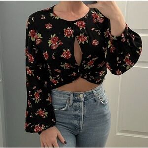 Zara black red flower floral print front twist peep hole long sleeve blouse top